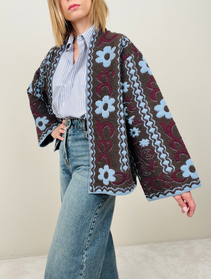 Cardigan fiori marrone-azzurro