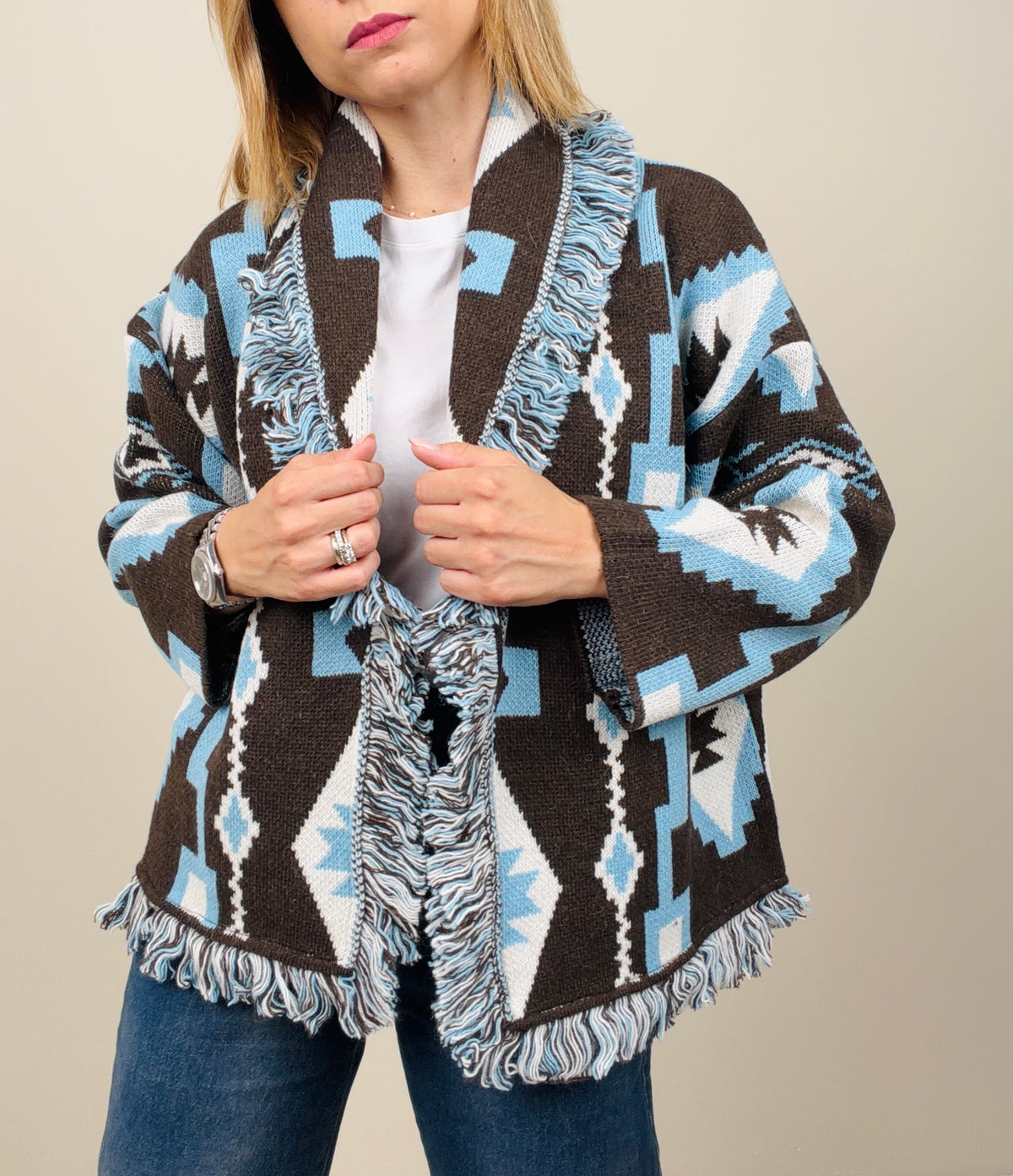 Cardigan etinico marrone-azzurro