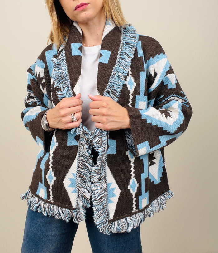 Cardigan etinico marrone-azzurro