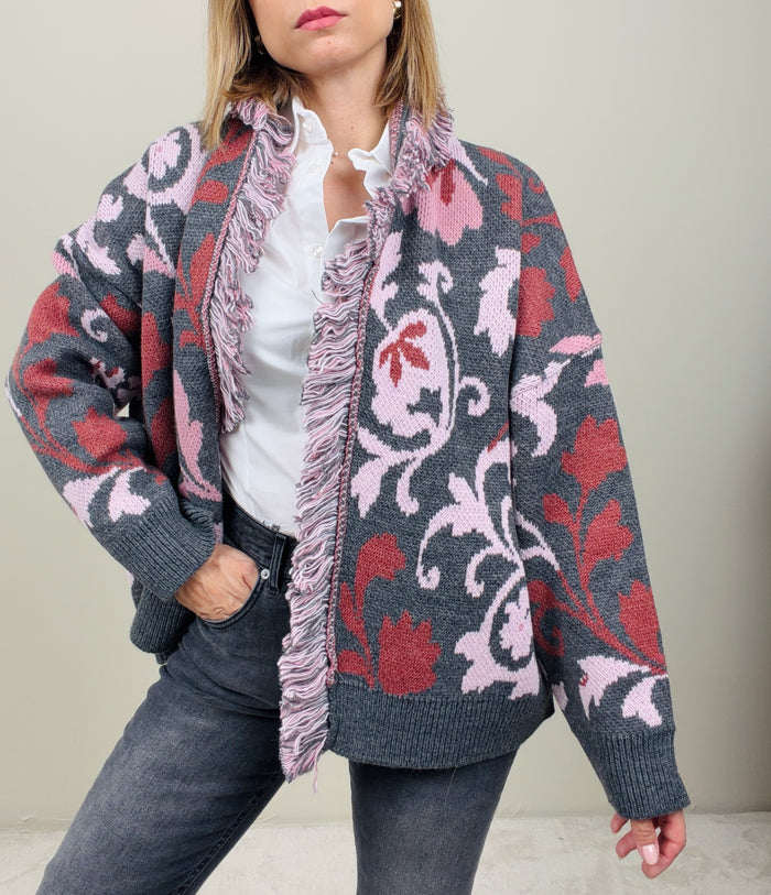 Cardigan arabesque grigio-rosa