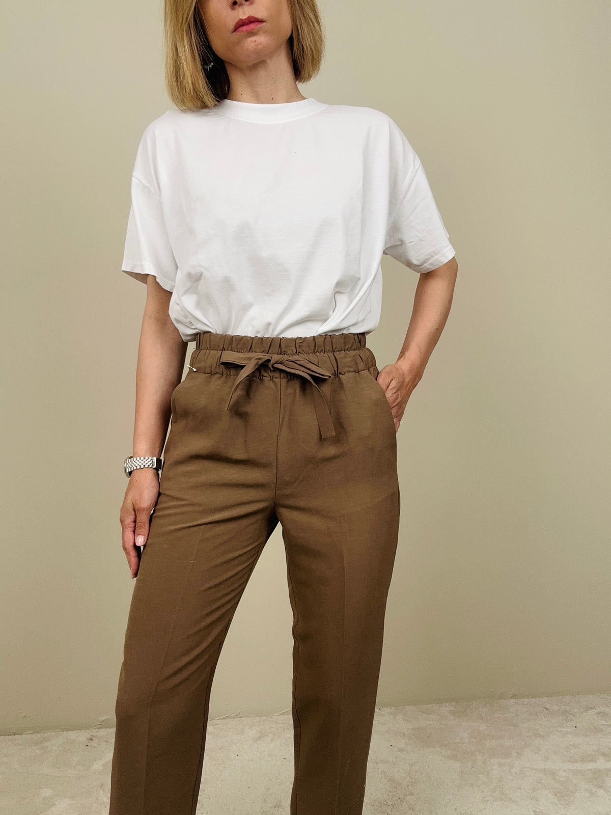 Pantalone viscosa e lino tabacco
