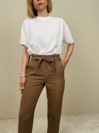 Pantalone viscosa e lino tabacco
