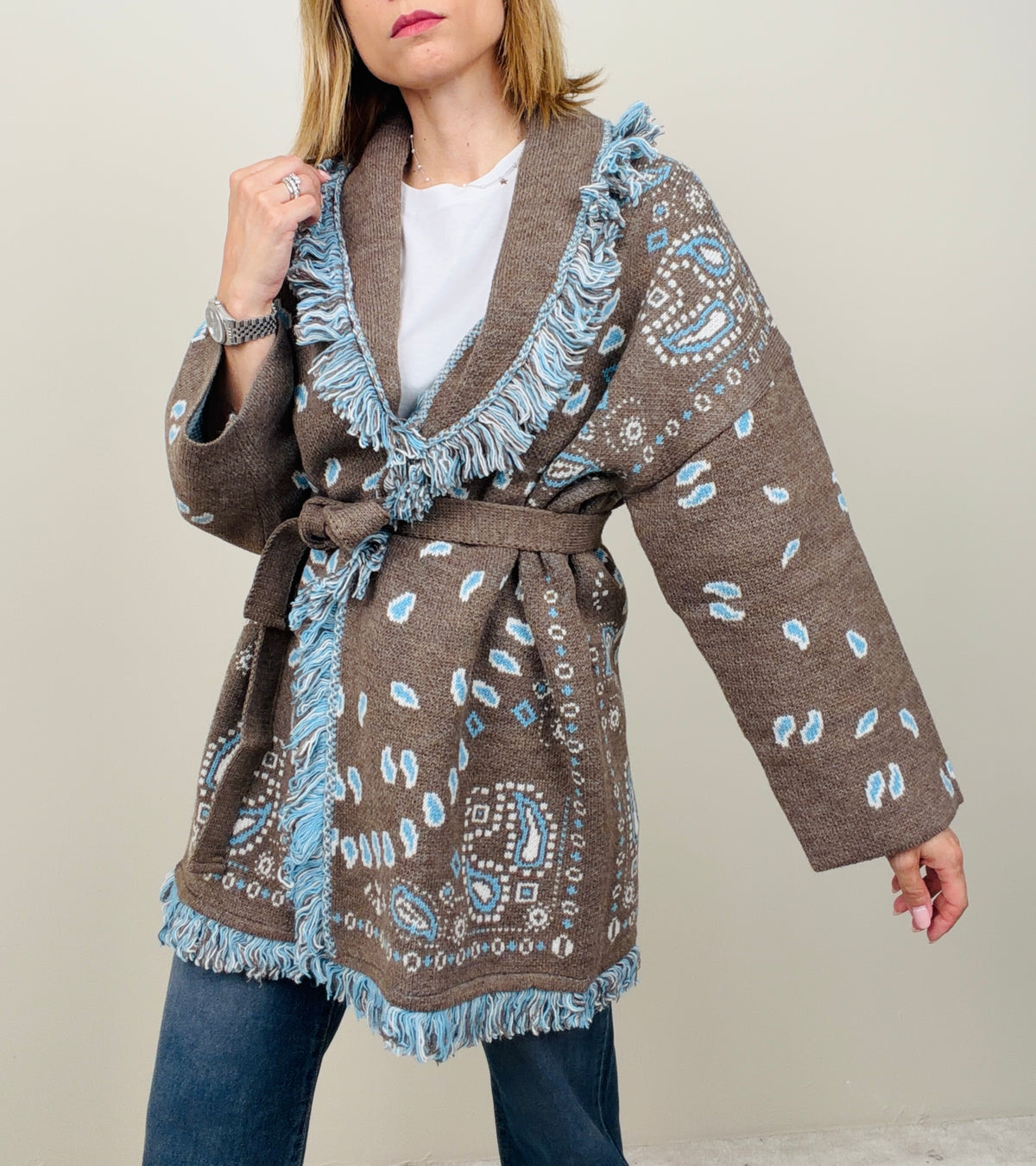 Cardigan bandana taupe-azzurro