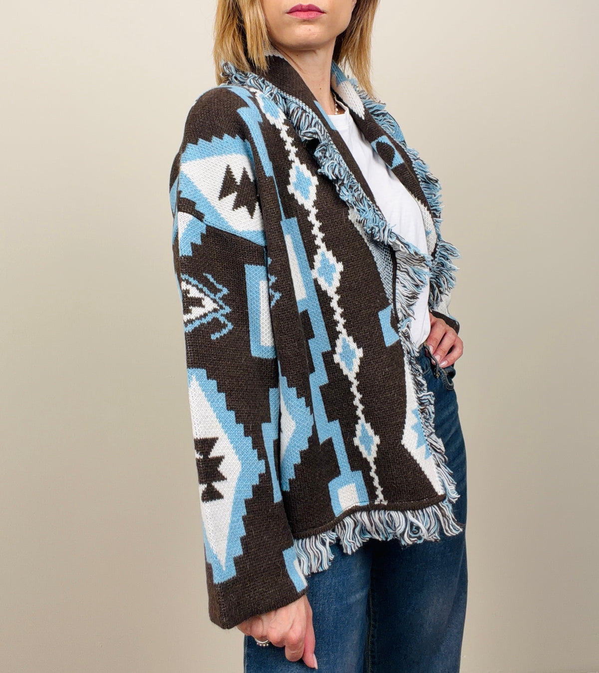 Cardigan etinico marrone-azzurro