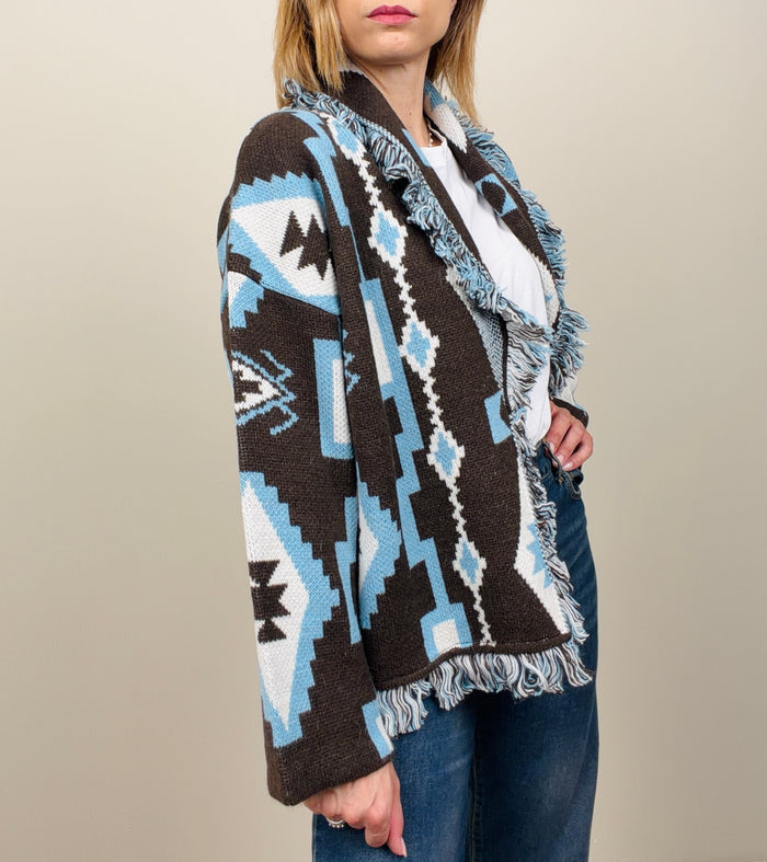 Cardigan etinico marrone-azzurro