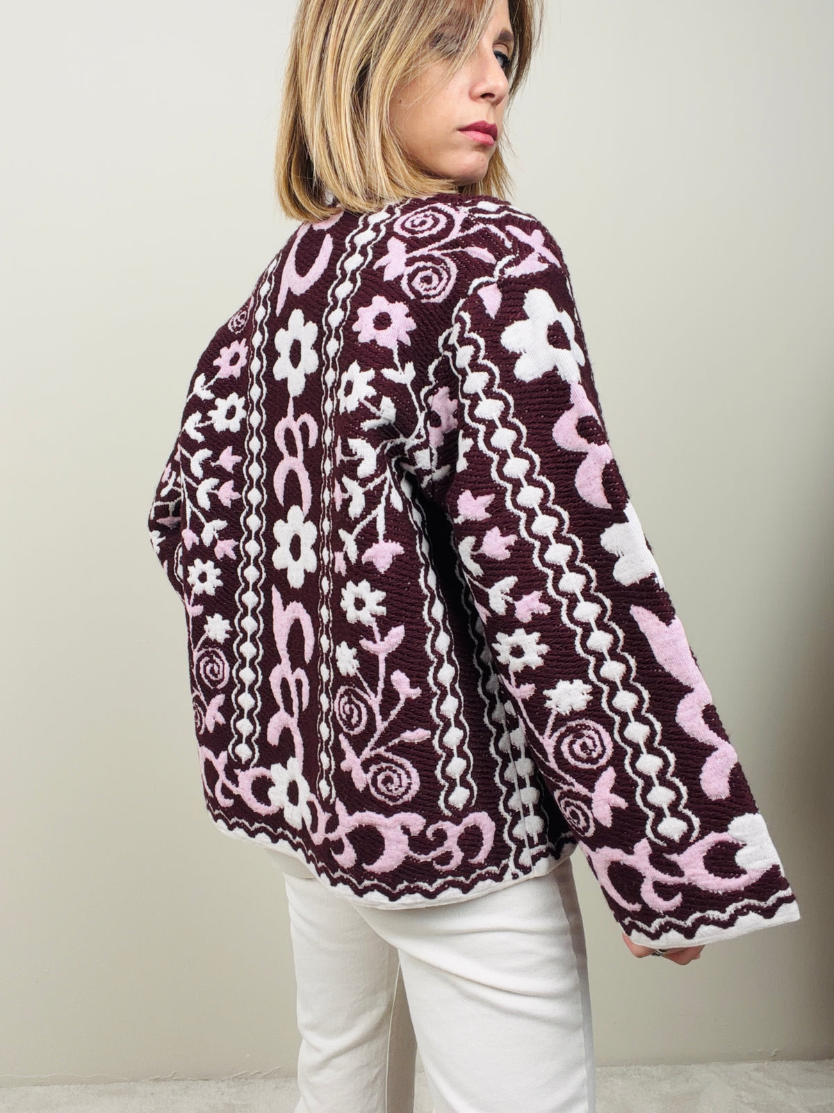 Cardigan fiore rosa-bordeaux