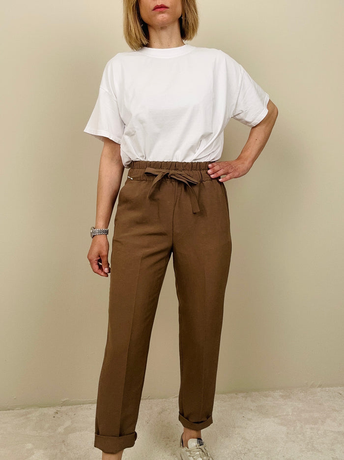 Pantalone viscosa e lino tabacco