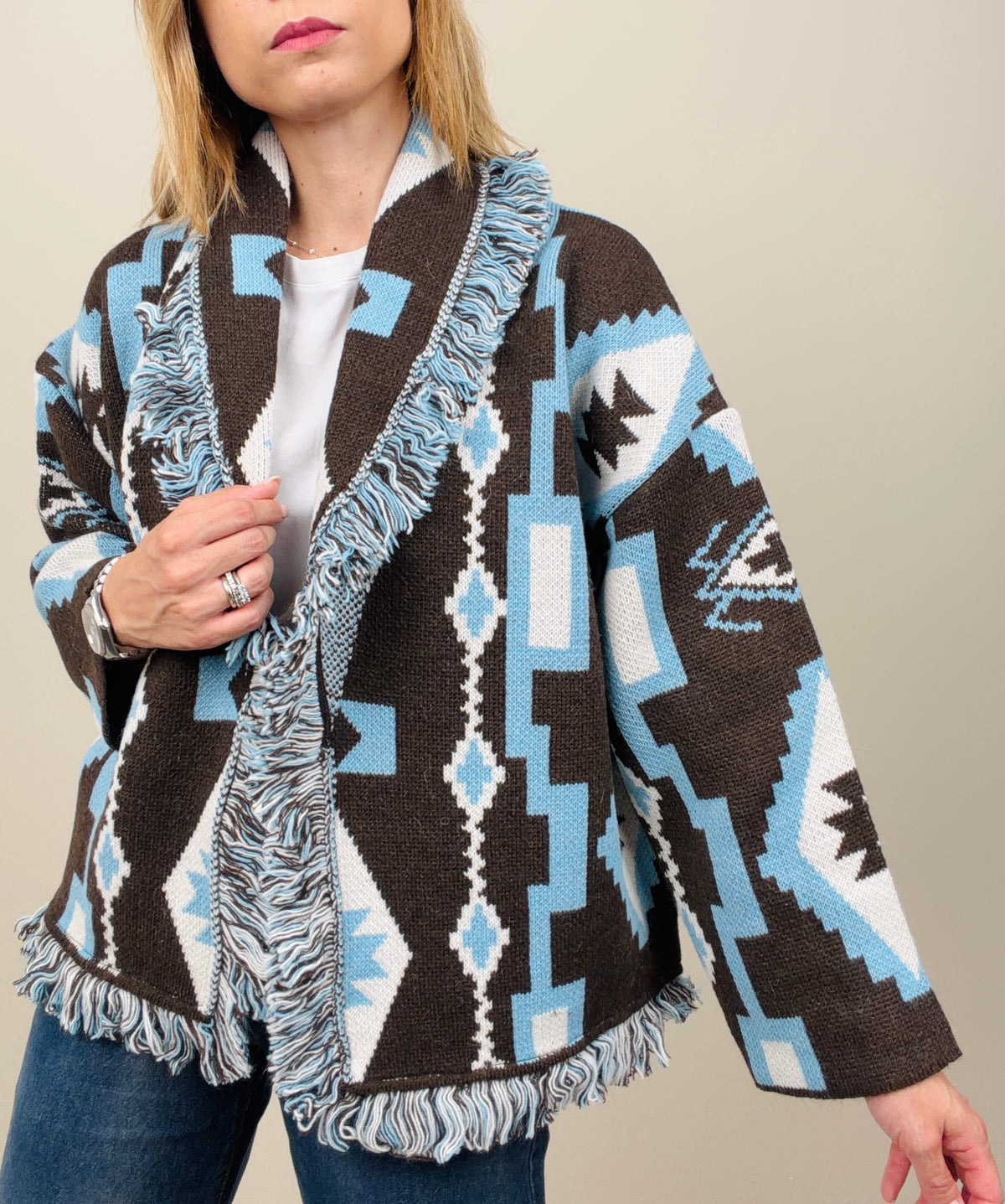 Cardigan etinico marrone-azzurro