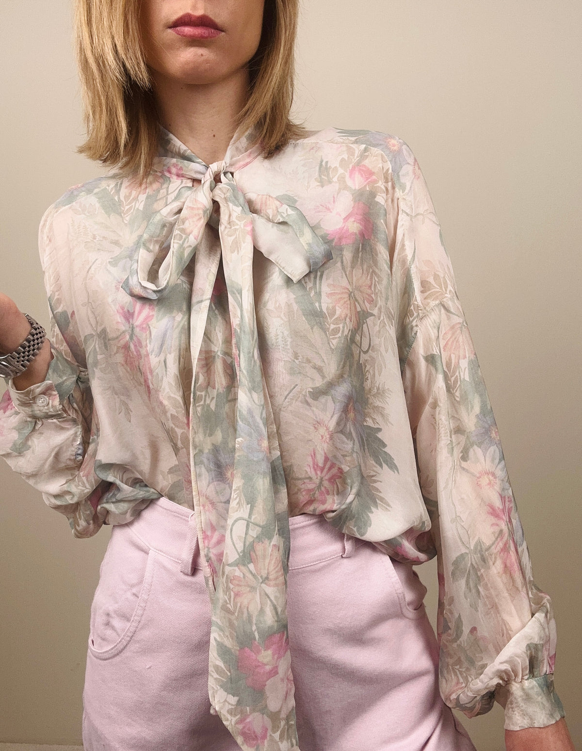 Camicia con fiocco rosa-salvia