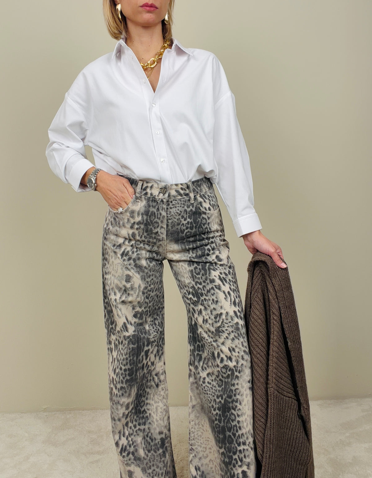 Jeans flare leopardato avena