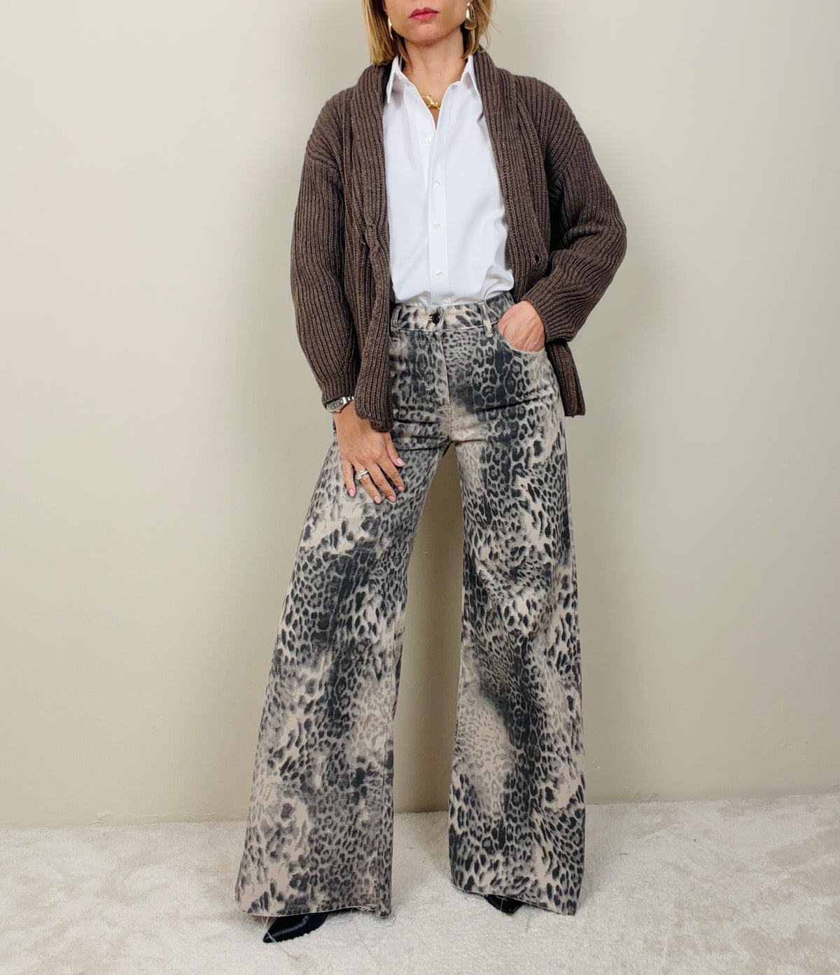 Jeans flare leopardato avena