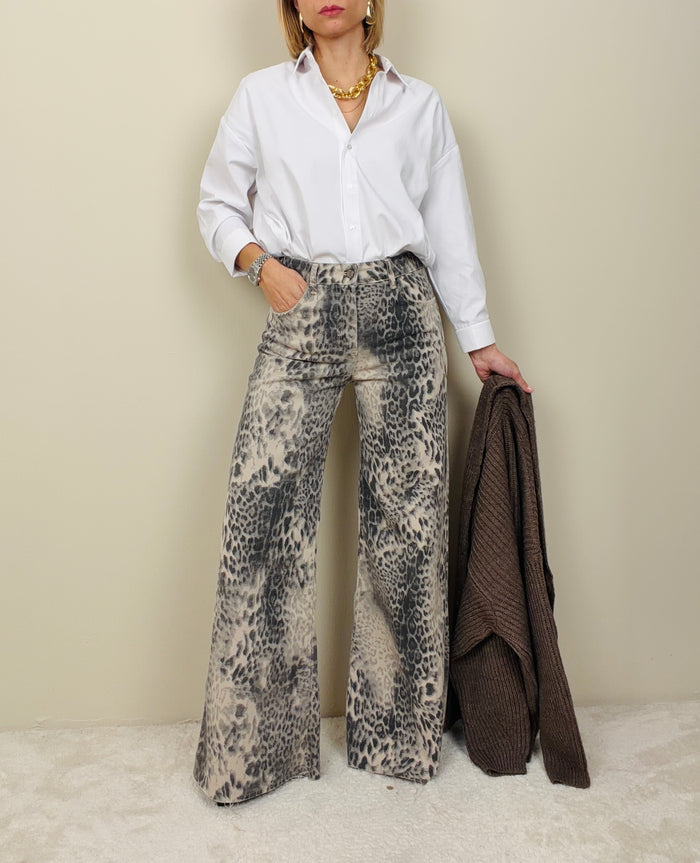 Jeans flare leopardato avena